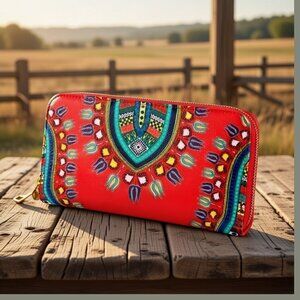 🌟Dashiki Print Zip Around Wallet Clutch Tribal Boho Festival Ethnic Travel Bag